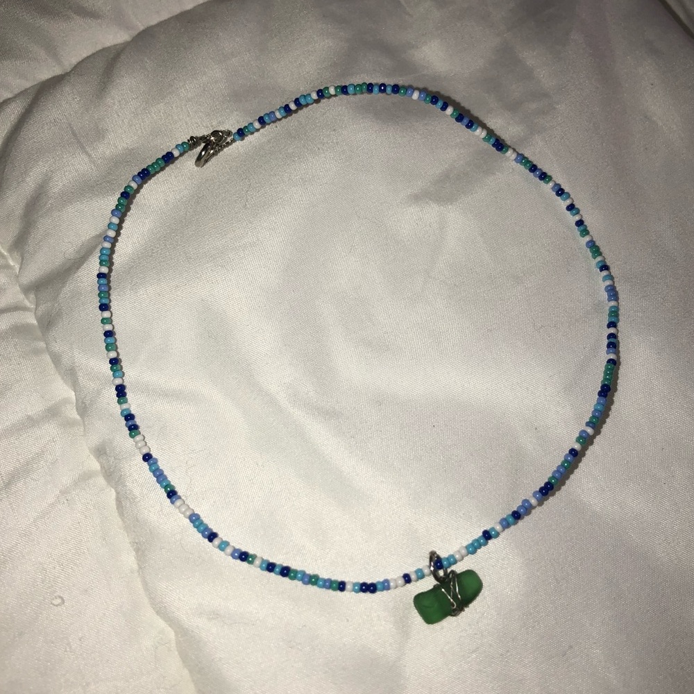 Beaded Blue Tones Choker with Wrapped Seaglass